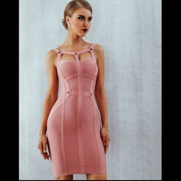 DESIGNER COUTURE PINK STRAPPY CHEST BANDAGE DRESS - Picture 2 of 10